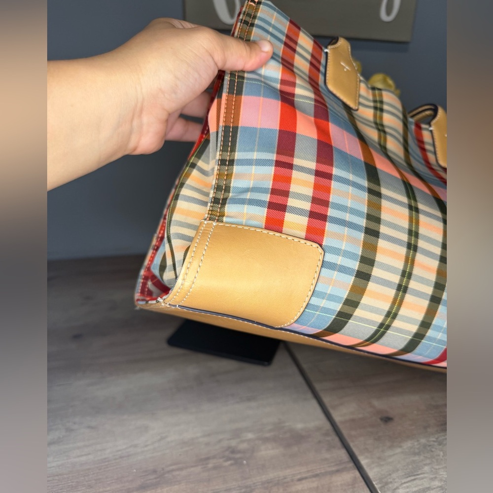 Tory Burch Plaid Tote Bag in Multicolor with Tan Leather Trim - Picture 8 of 16